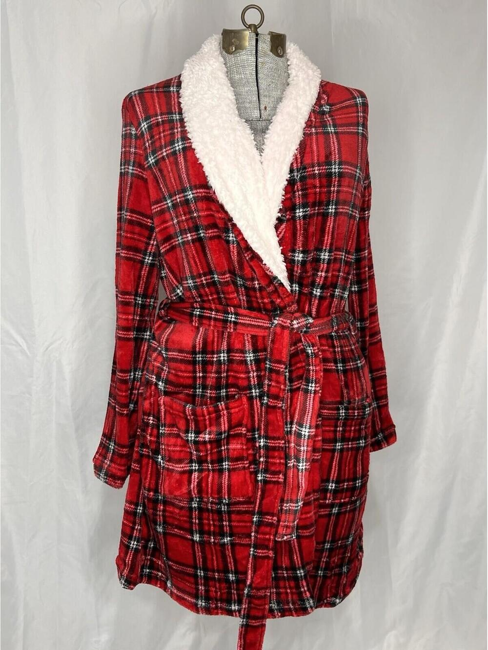 Laura Ashley Women's (L/XL) Red Black White Plaid Tie Midi So Soft Robe